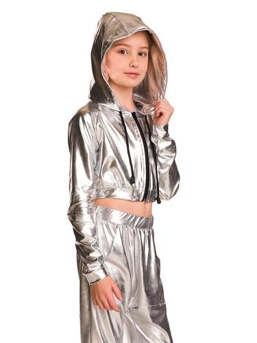 Bluza metaliczna połyskująca damska dziecięca z dużym kapturem na występy srebrny