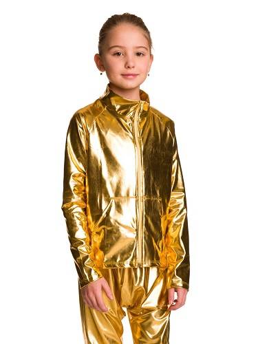 Bluza metaliczna połyskująca z długim rękawem stójką zamkiem i kieszeniami strój na występ złoty